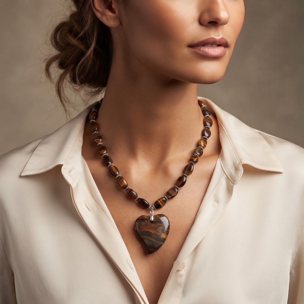 Vintage Brown Tiger Eye Tiger Iron Heart Pendant Necklace Boho Statement